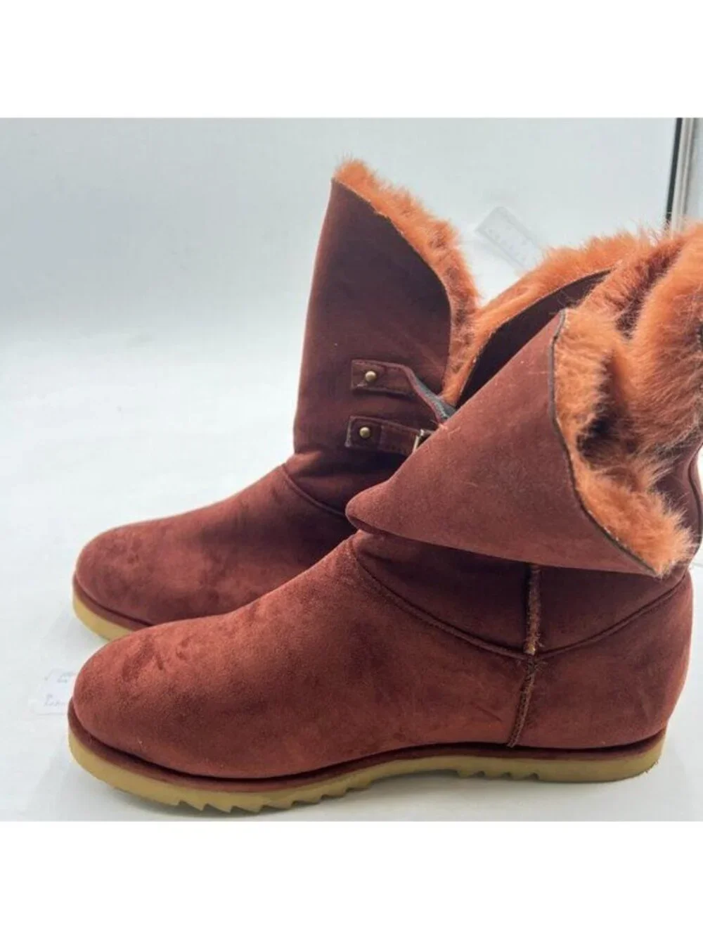 FSJ Brown Mid Calf Fully Fur Lined Winter Snow Boot with Chic Buckles Flat